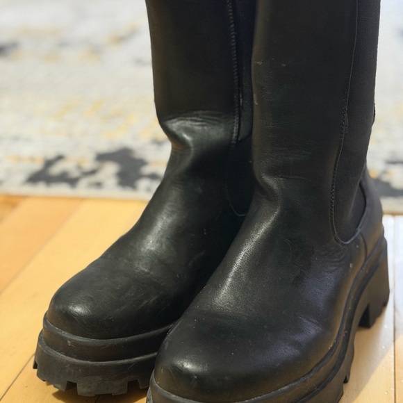 Shoes - Black Women's Chunky Platform Boots - Leather Knee-High